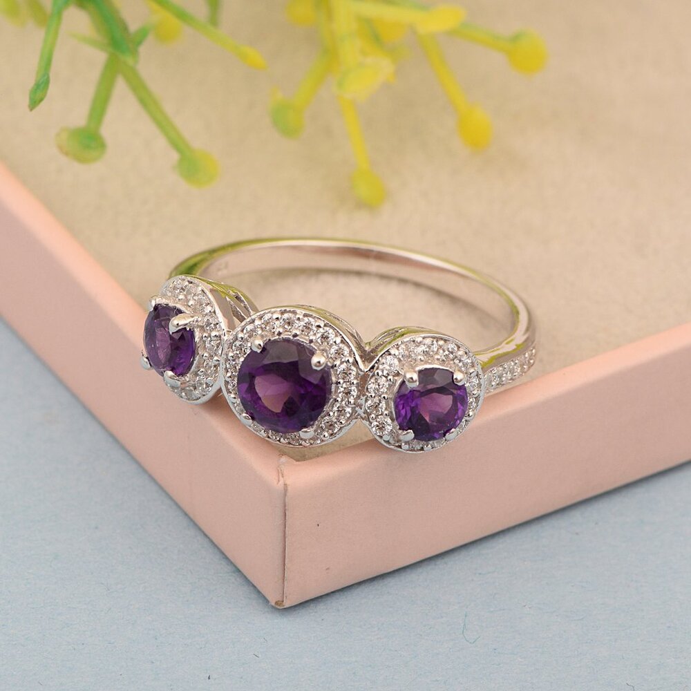 925 Sterling Silver Round Amethyst Three Stone Halo Ring with Solitaire Accents